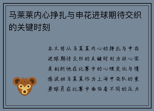马莱莱内心挣扎与申花进球期待交织的关键时刻 马莱莱内心挣扎与申花进球期待交织的关键时刻